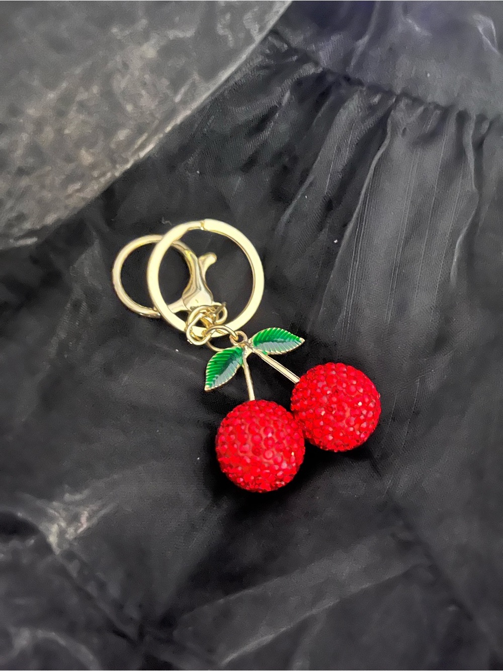 Gold Cherry Pendant Keychain - Red Cherry Accent